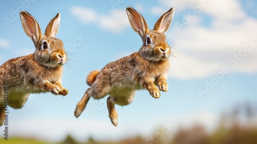 Rabbit jump energy Concept, Rabbit Jump Energy Concept, Dynamic Shot of Rabbits in Full Stretch Mid Air Against a Clear Blue Sky with Soft Clouds