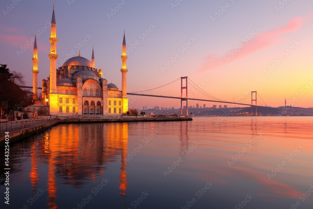 Fototapeta premium Sunset View of Mosque and Bridge in Istanbul, Turkey at Dusk