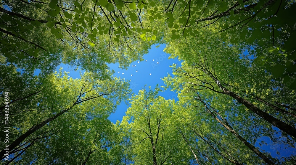 Fototapeta premium Green forest canopy with sunlight shining through bright spring leaves against a clear blue sky