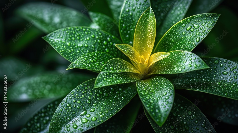 Fototapeta premium Dew-Kissed Green Leaves: A Macro Photography of Nature's Beauty