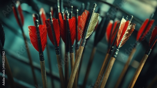 Colorful arrows with red and gold fletchings arranged in a quiver, reflecting a warm ambiance.