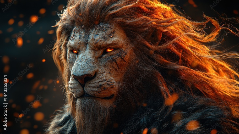 Naklejka premium Fiery Lion: A Majestic Digital Portrait