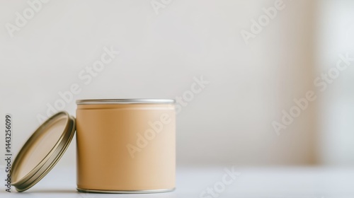 Open tin can with a metallic lid resting beside it on a neutral background, perfect for culinary and storage needs