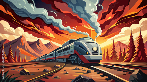 A train travels rapidly on its tracks, completely surrounded by flames and thick smoke, creating a dramatic and chaotic atmosphere during a violent 