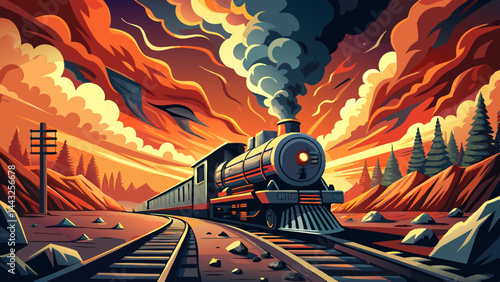 A train travels rapidly on its tracks, completely surrounded by flames and thick smoke, creating a dramatic and chaotic atmosphere during a violent 