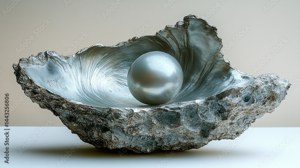 Pearl nestled in oyster shell on neutral background, simple studio shot Pearl nestled in oyster shell on neutral background, simple studio shot