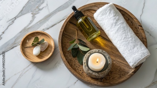 Luxurious spa composition with wooden tray, marble table and relaxation elements
