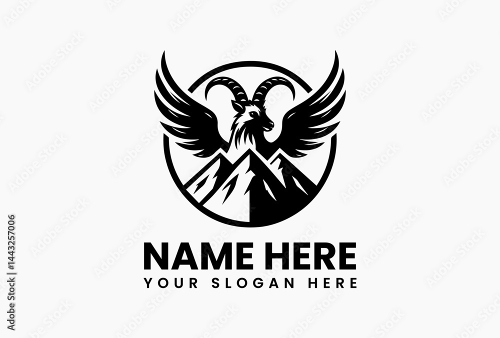 Fototapeta premium Stylized Winged Goat Mountain Top Vector Graphic. Mythical Adventure Design