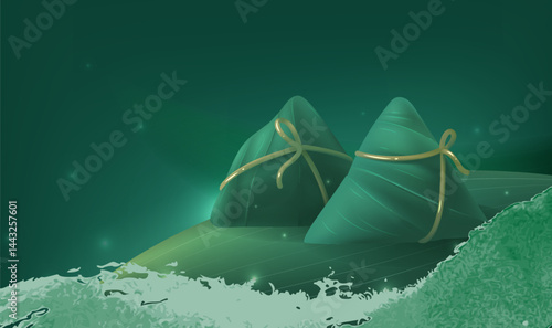 Dragon Boat Festival horizontal illustration of zongzi in the green background