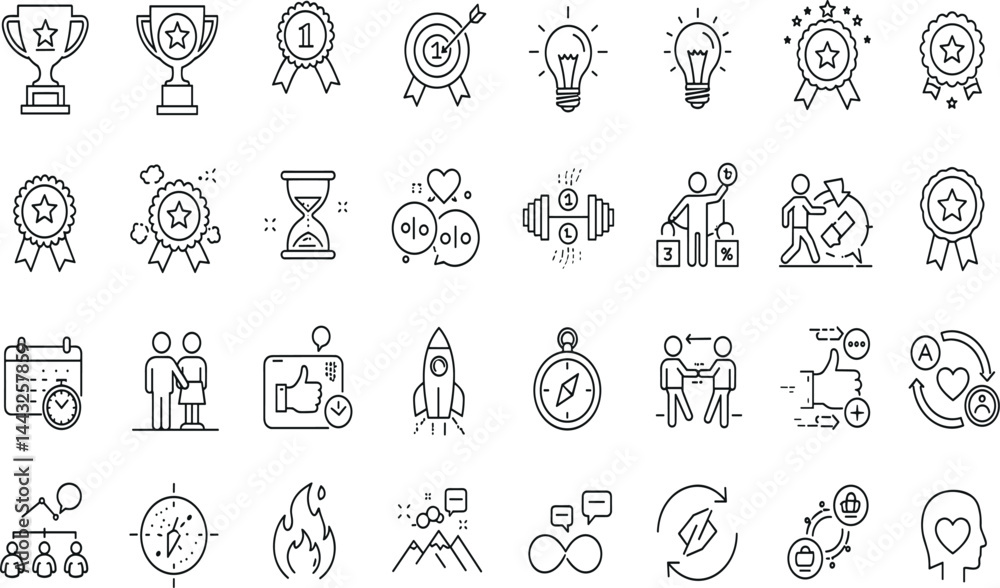 Motivation line icon set. Vector pictograms of personal growth, goal setting, perseverance, achievement, rocket launching, teamwork, passion, thumbs up Motivation line icon set. Vector pictograms of personal growth, goal setting, perseverance, achievement, rocket launching, teamwork, passion, thumbs up