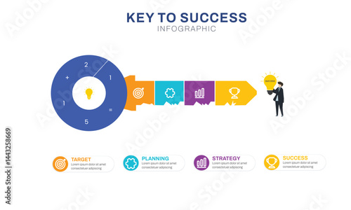 key to success achievement grow infographic template for business strategy and planning. growth or progress to achieve goal and target 4 step flat style vector