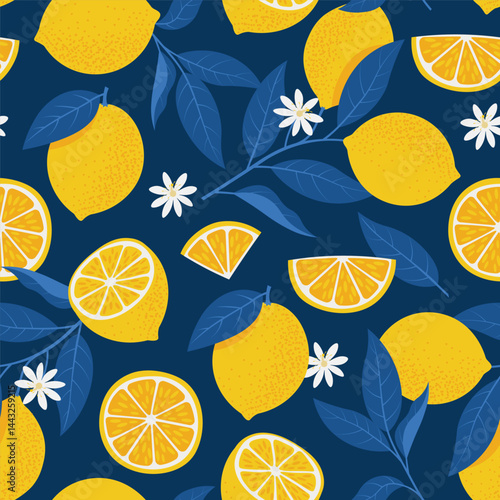Lemons Seamless Pattern in Mediterranean style. Vector illustration in freehand flat style