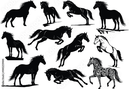 Horse Silhouette Vector Bundle | Running, Jumping, Standing, Tribal Horse Clipart for Print, Logo, T-shirt & Graphic Design Use