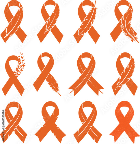 Orange Awareness Ribbons in Various Styles with Feather and Butterfly Elements