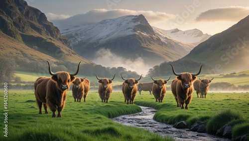 Five Highland cattle stand majestically in a lush green pasture, a tranquil stream meandering before them.  Mountains form a dramatic backdrop, painted with the soft hues of sunrise.