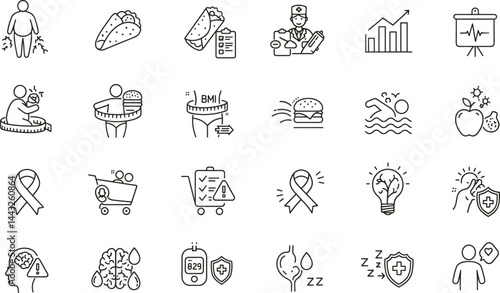 Obesity Health Risks line icon set. Vector pictograms of BMI chart, body weighing scale, diabetes, cholesterol problems, high blood pressure, fast food, mental health
