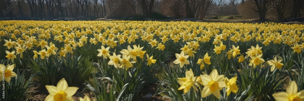 Obraz premium Vast field of daffodils bathed in sunlight; clear blue sky overhead , sky, growth