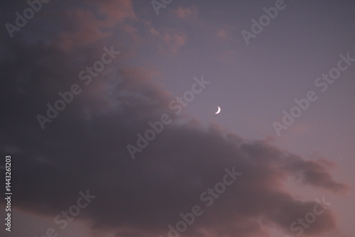 A serene twilight sky with soft, purple-tinged clouds and a delicate crescent moon glowing above. The dreamy evening atmosphere captures calm, wonder, and the beauty of dusk.