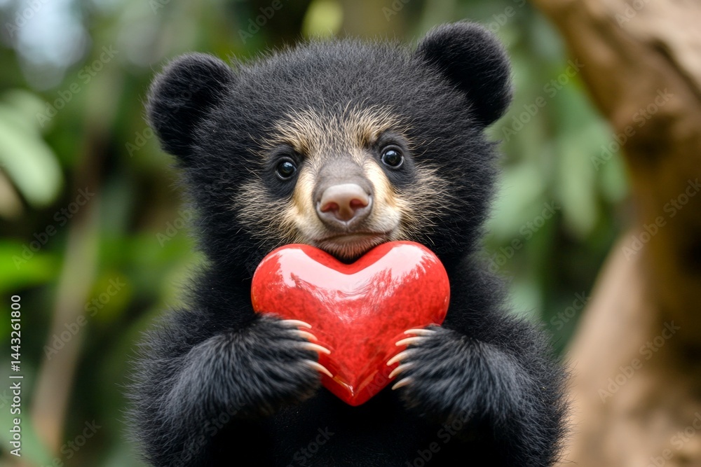 Obraz premium Promotion animal creative. Himalayan black bear - my desired animal. Cute himalayan black bear baby with diamond red heart on in a natural habitat. Heart-filled wildlife image. Loving animals.