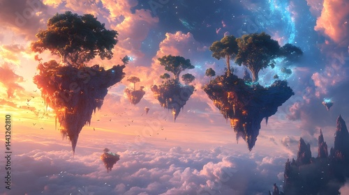 Fantastical dreamscape with floating islands in the sky
