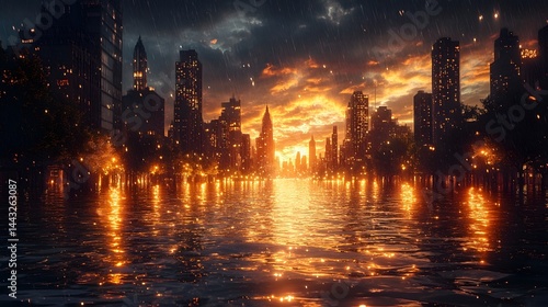 Flooded city skyline at dramatic sunset