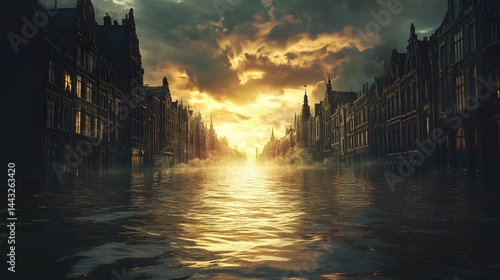 Floodwaters inundating a historic city with dramatic lighting and reflections