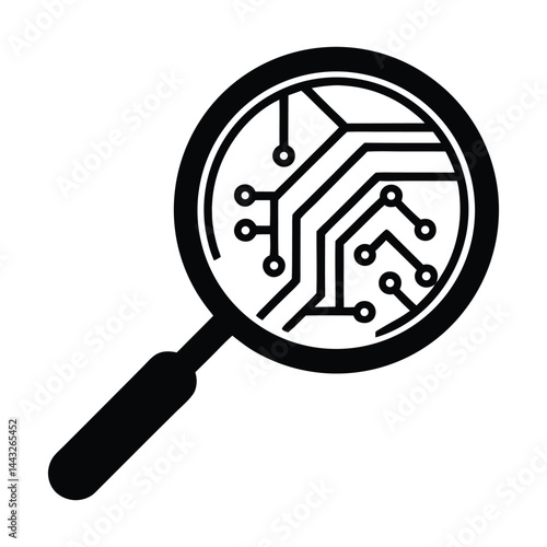 Magnifying glass with circuit on white background