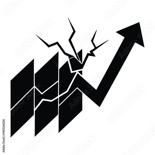 Graph arrow breaking through wall on white background