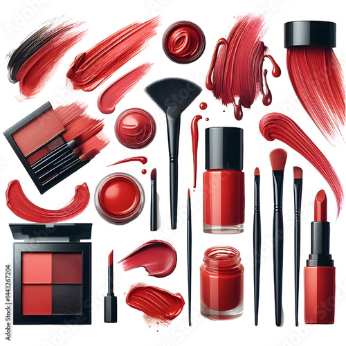 collection of Red paint brush stroke isolated on white background smudged makeup products