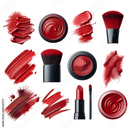 collection of Red paint brush stroke isolated on white background smudged makeup products
