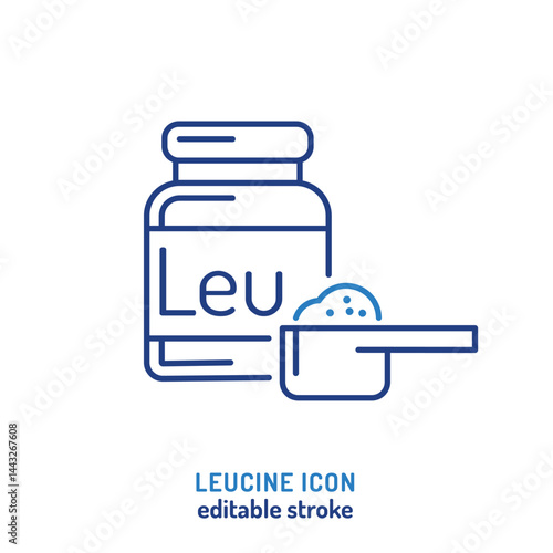 Vector icon of leucine powder supplement with jar and scoop.