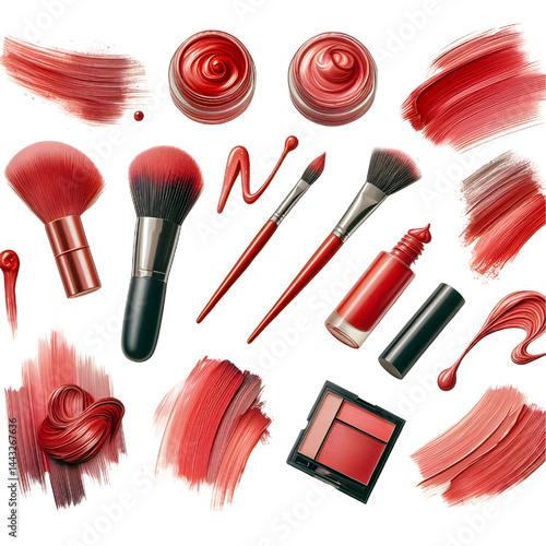 collection of Red paint brush stroke isolated on white background smudged makeup products