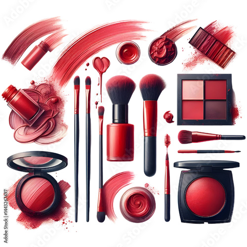collection of Red paint brush stroke isolated on white background smudged makeup products