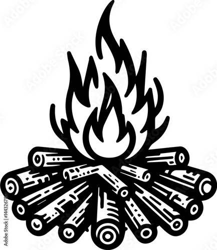 Campfire Icon with Burning Logs and Flame in Monochrome Style