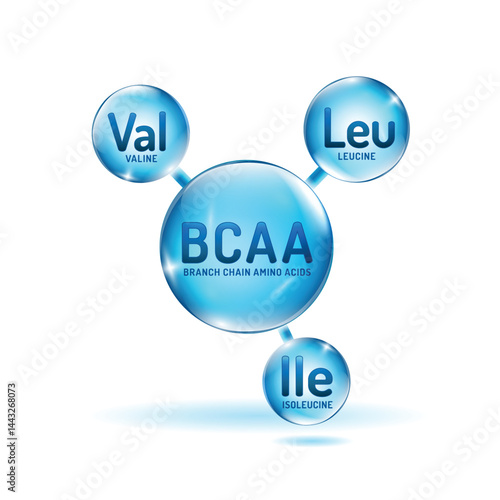 3D vector icon of BCAA. Glossy and transparent design.