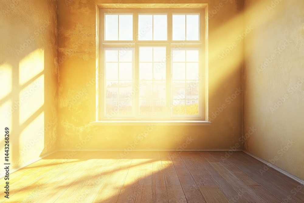 Fototapeta premium Bright sunlight streams through window illuminating empty room with wooden floor and textured walls creating warm inviting interior space for new beginnings and possibilities
