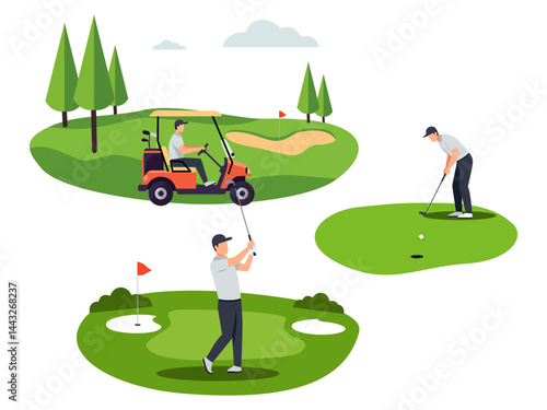 Three golf scenes: a golfer driving a cart, another swinging a club on the fairway, and one putting on the green. Golf course with trees, sand bunker, and flags. Vector illustration.