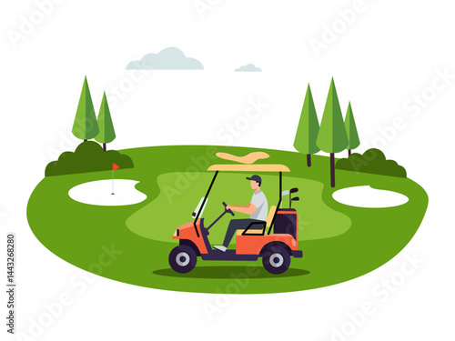 Golfer driving an orange golf cart on a lush green course. Features a hole with a red flag, sand bunkers, trees, and clouds. Vector illustration of a relaxing golf scene.
