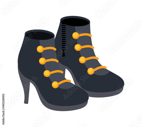 Pair of stylish black high heel ankle boots with golden details and zipper