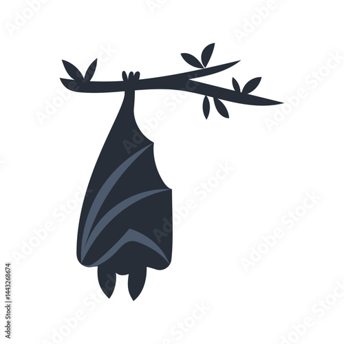 Large bat hanging upside down from tree branch