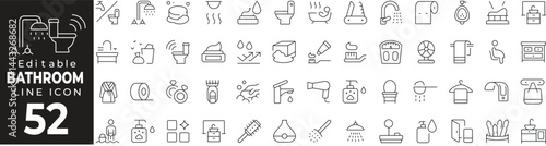 Bathroom Interior Thin Line Icon Set. Bathroom Fixtures, Design, Decor, Plumbing, and More. Vector Illustration.