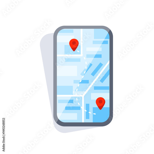Smartphone showing map with route and two red pointers