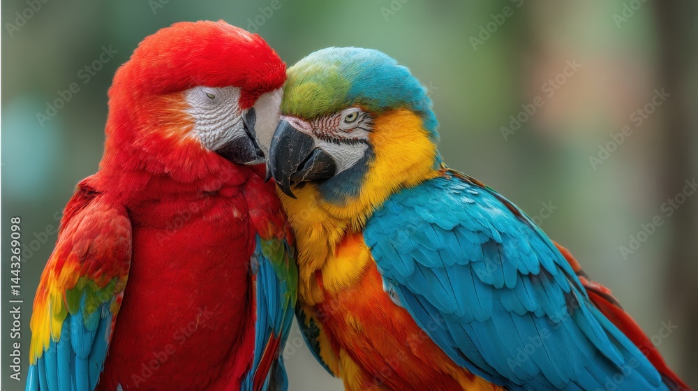 Naklejka premium Macaw Pair Affection: Vibrant Tropical Bird Duo