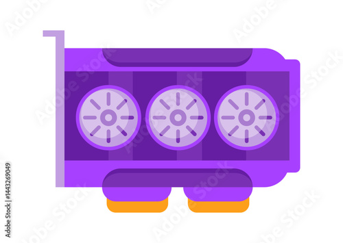 Purple graphics card with three cooling fans is working properly
