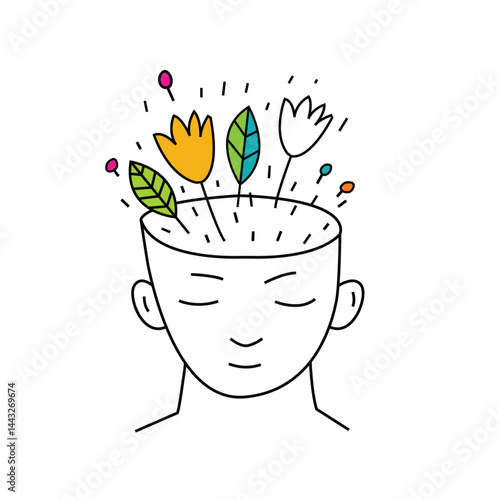 Head with flowers and heart symbolizing mind growth