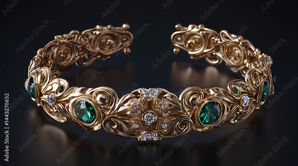 Obraz premium Ornate Gold Bracelet with Emeralds and Diamonds