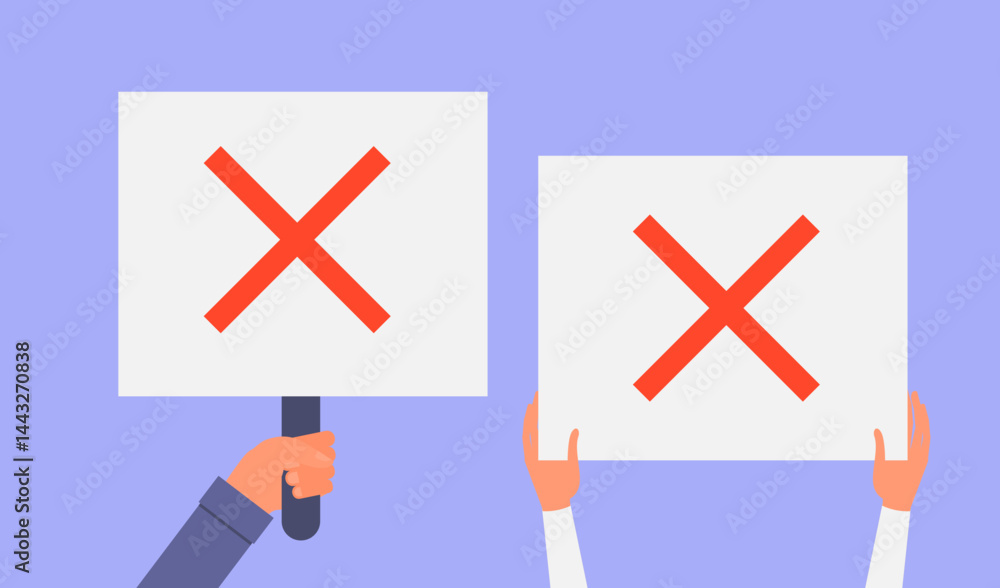 Fototapeta premium Man and woman hands holding a board with prohibition red sign. Protest or conflict concept. Poster or banner for worker strikes or societal disagreements. Flat style stock vector illustration.