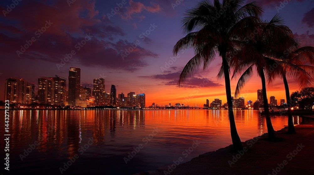 Obraz premium City skyline at sunset over a body of water, with palm trees on the shore