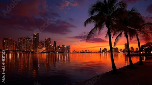 City skyline at sunset over a body of water, with palm trees on the shore