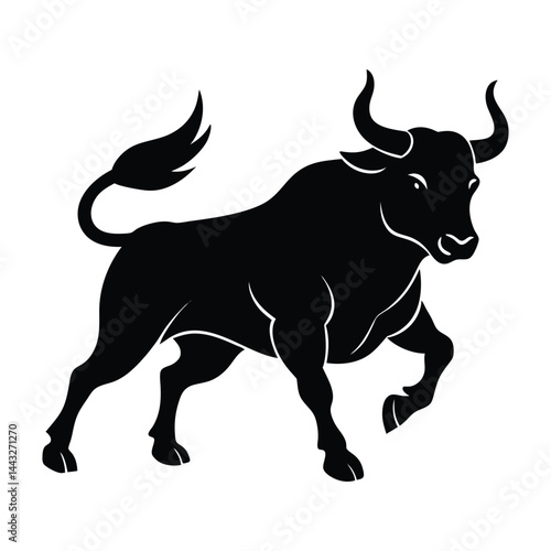 Bull charging forward silhouette on white background